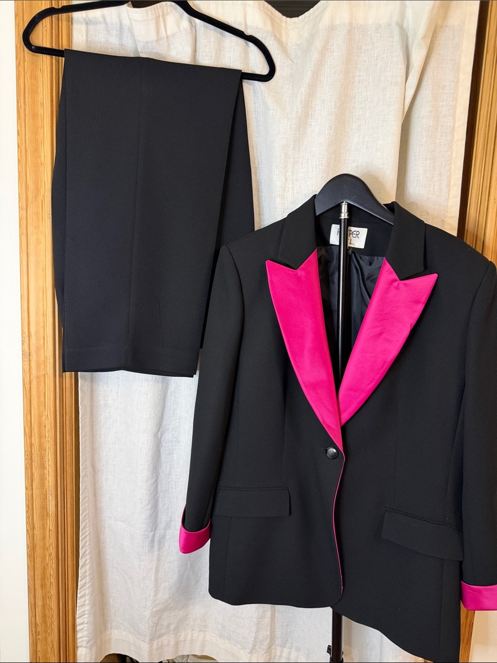 90’s Black Blazer & Pants with Hot Pink Satin Lapel